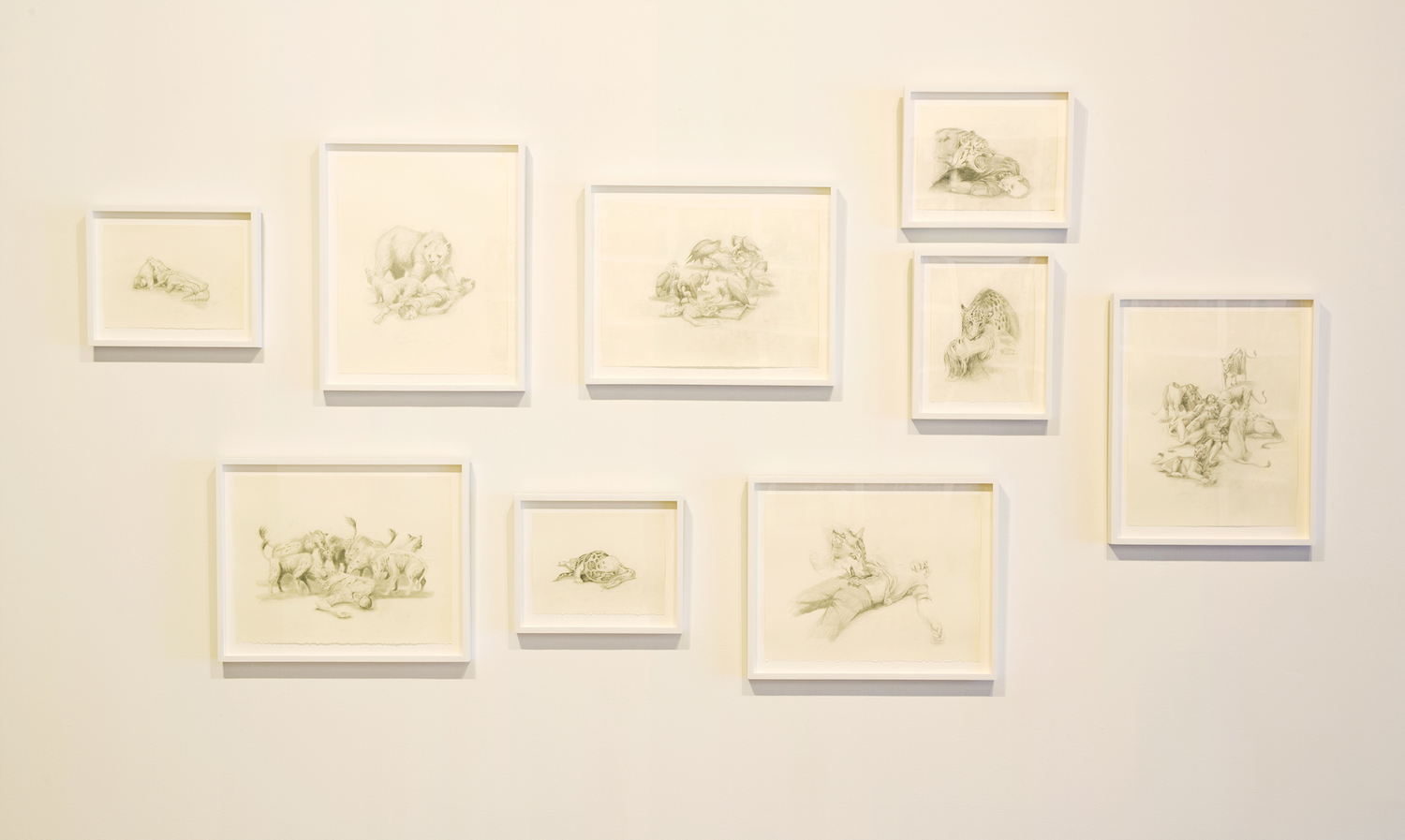 Neil Goldberg, *Wild Animals Eat My Family and Me: Lions and Sandy; Wolf and me; Python and John; Hyenas and Jeff; Alligator and Parker; Bears and Brian; Vultures and Mom & Dad; Tiger and Howard; Leopard and Finn*, 2015. Graphite on paper