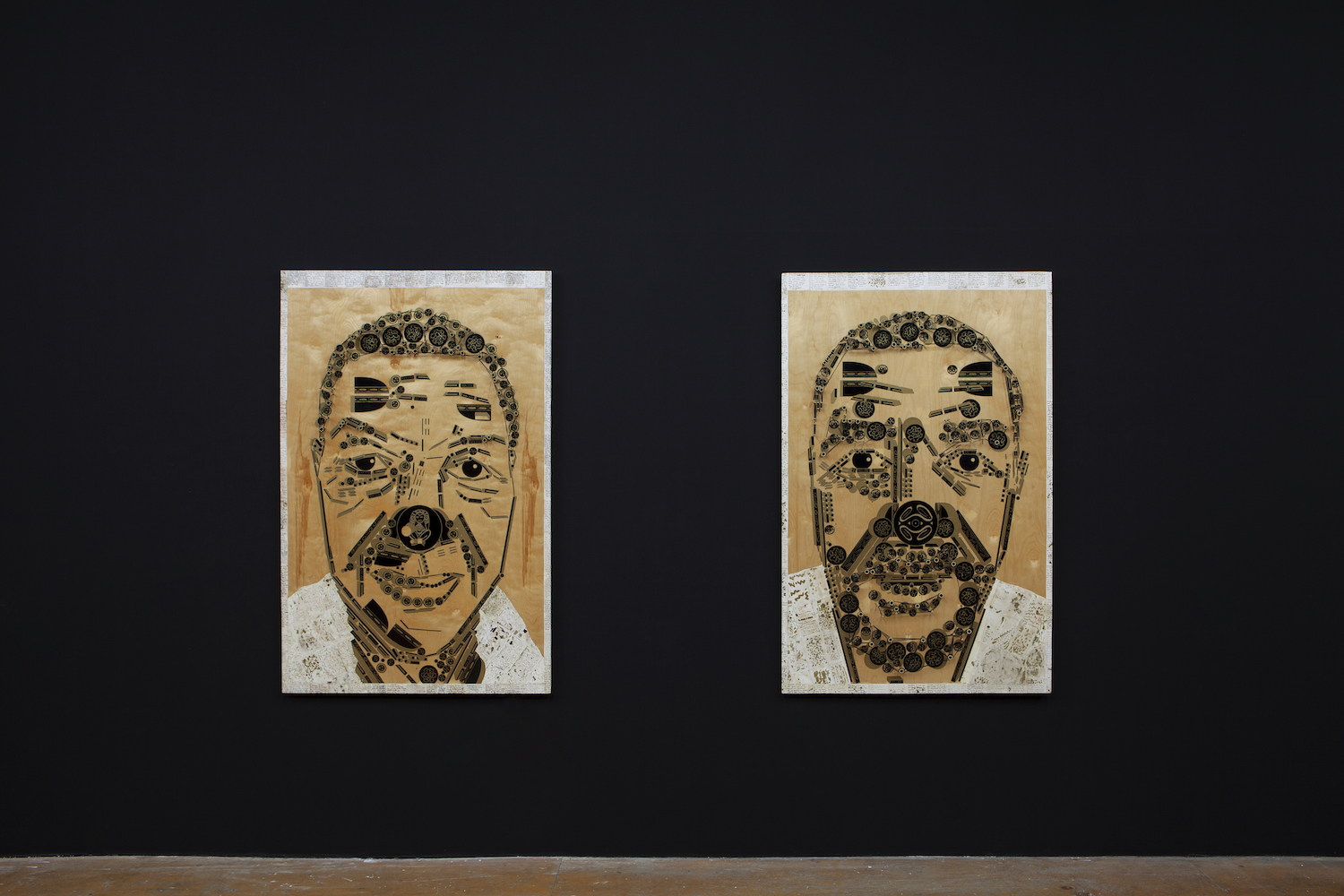 Glendalys Medina, *Ms. Puerto Rico*, 2019 and *Mr. Borikén*, 2019. Both paper, marker, nails, and thread, 63 x 40.5 inches each