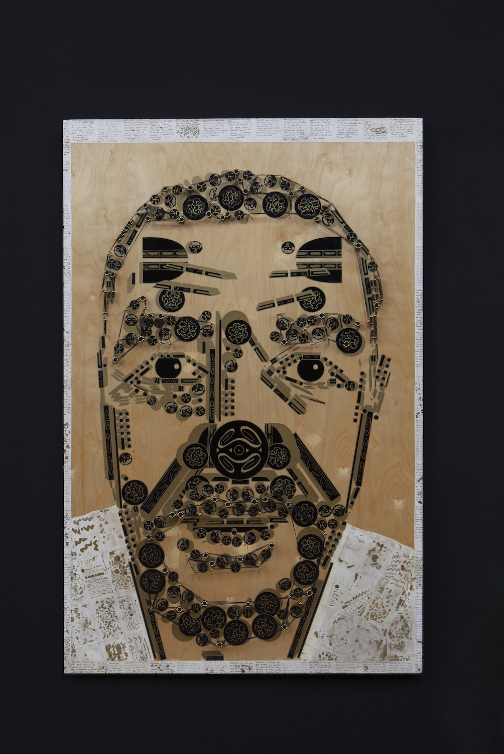Glendalys Medina, *Mr. Borikén*, 2019. Paper, marker, nails, and thread, 63 x 40.5 inches