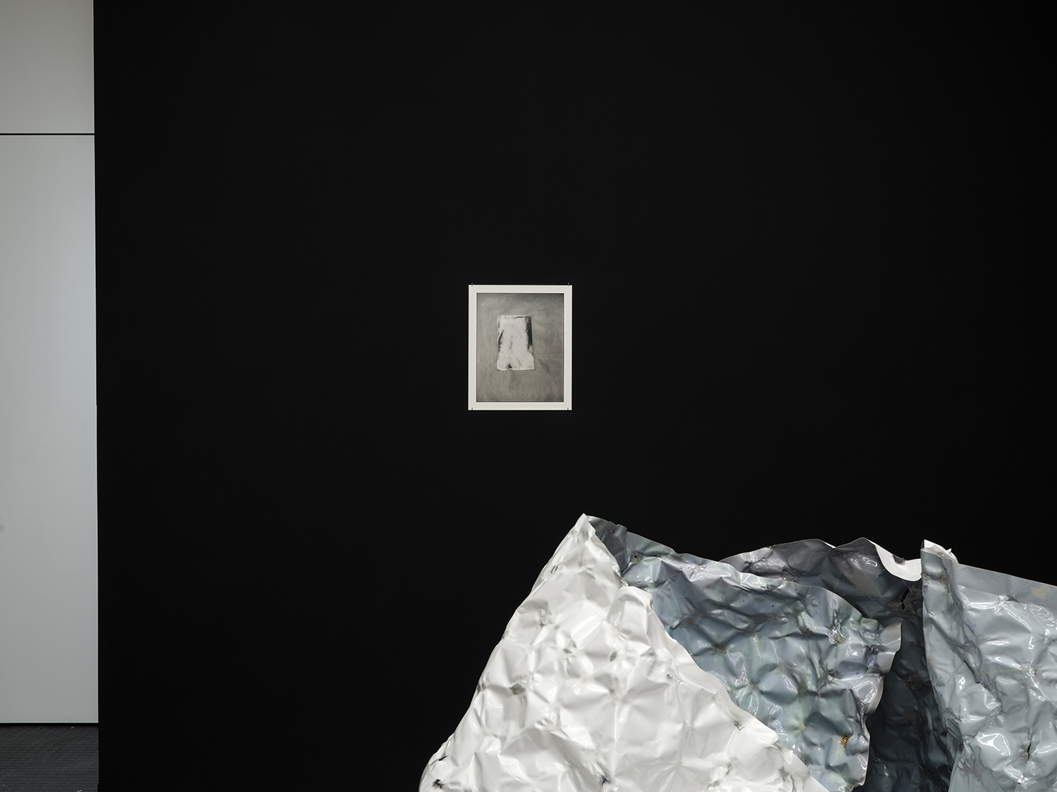 *arms ache avid aeon: Nancy Brooks Brody / Joy Episalla / Zoe Leonard / Carrie Yamaoka: fierce pussy amplified: Chapter Eight,* Curated by Jo-ey Tang, 2025, installation view at Participant Inc, NYC, pictured: Joy Episalla, *foldtogram (chromo white/blue, winter 40’ x 50”)*, 2025, light sensitive chromogenic object, and Zoe Leonard, *Untitled,* 2016, gelatin silver print. Photos by Studio Kukla
