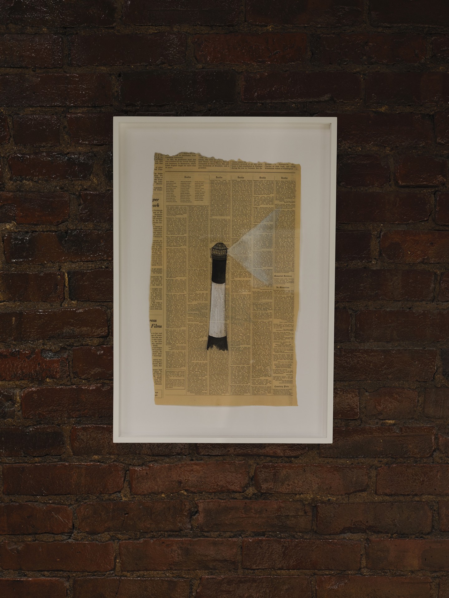 *arms ache avid aeon: Nancy Brooks Brody / Joy Episalla / Zoe Leonard / Carrie Yamaoka: fierce pussy amplified: Chapter Eight,* Curated by Jo-ey Tang, 2025, installation view at Participant Inc, NYC, pictured: Nancy Brooks Brody, *NY Times Obituary (Lighthouse)*, 2001, pencil and watercolor on newspaper. Photos by Studio Kukla