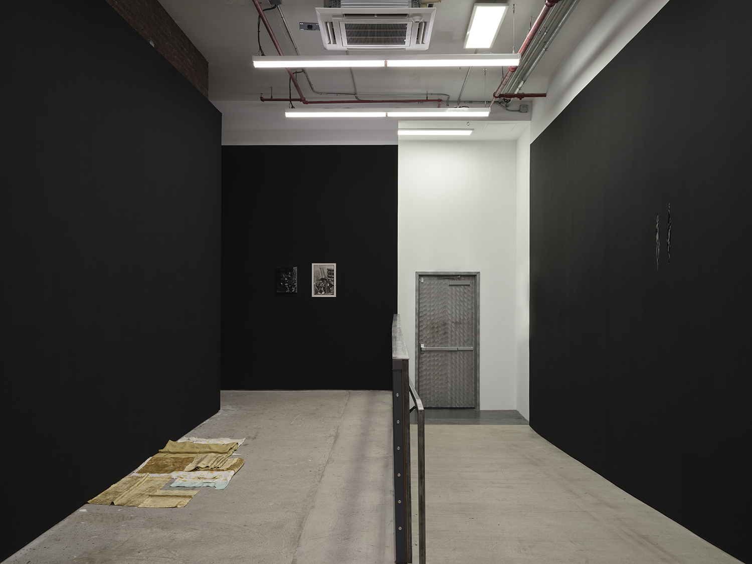 *arms ache avid aeon: Nancy Brooks Brody / Joy Episalla / Zoe Leonard / Carrie Yamaoka: fierce pussy amplified: Chapter Eight*, Curated by Jo-ey Tang, 2025, installation view at Participant Inc, NYC, pictured: Joy Episalla, *removed: 5 skins*, 2001/ 2018/2024/2025, 5 sections: cotton, metal, and Carrie Yamaoka,* 14 by 11 (flake.swell)*, 2024, reflective polyester film, urethane resin and mixed media on wood panel, and Zoe Leonard, *Tree + Fence, Out My Back Window*, 1998, gelatin silver print. Photos by Studio Kukla