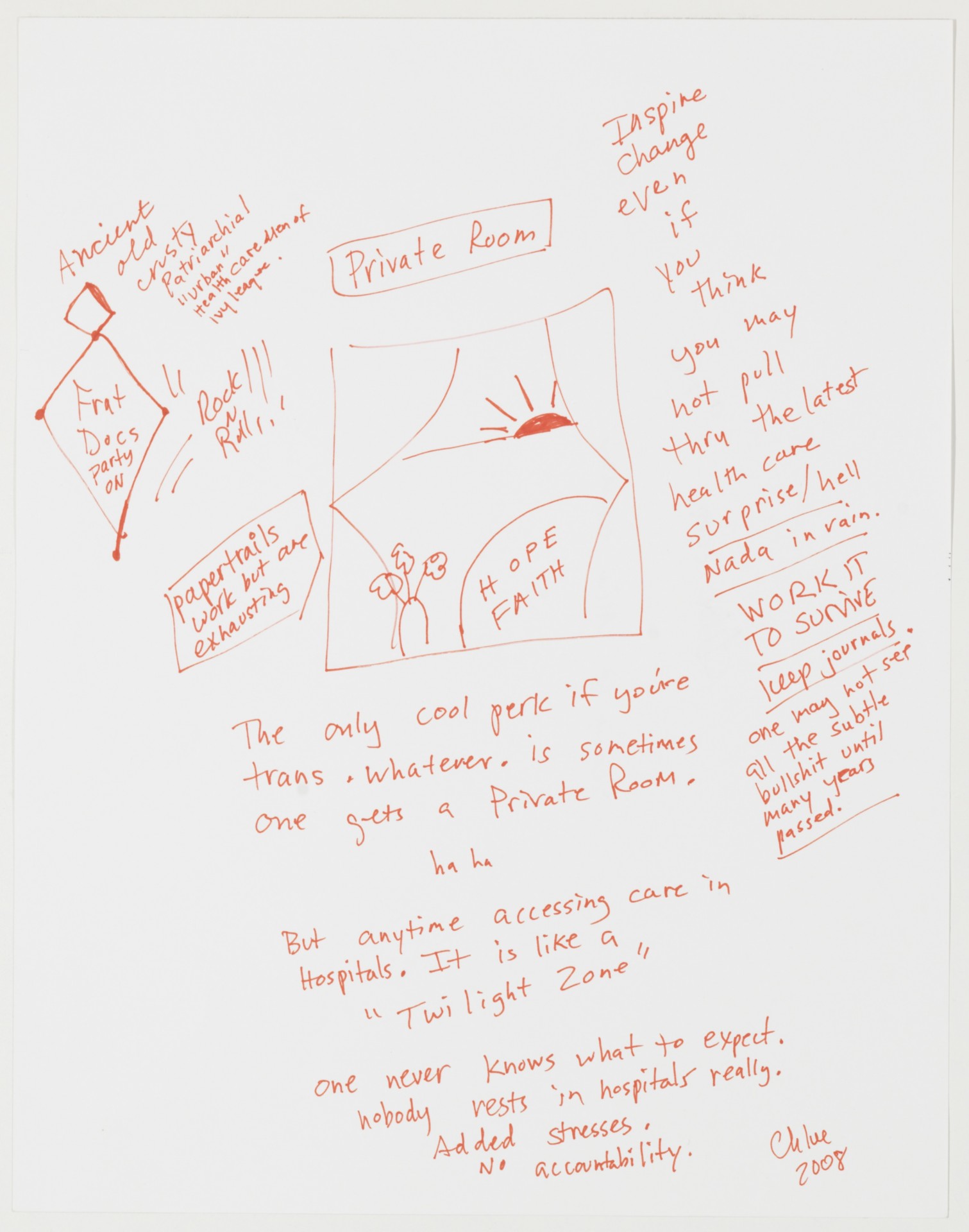 Chloe Dzubilo, *Private Room*, 2008, ink on paper, 11 x 14 inches, Courtesy of NYU Special Collections, Chloe Faith Dzubilo Papers (MSS.397), Visual AIDS, and Estate of Chloe Dzubilo, Photo: Christopher Burke Studios