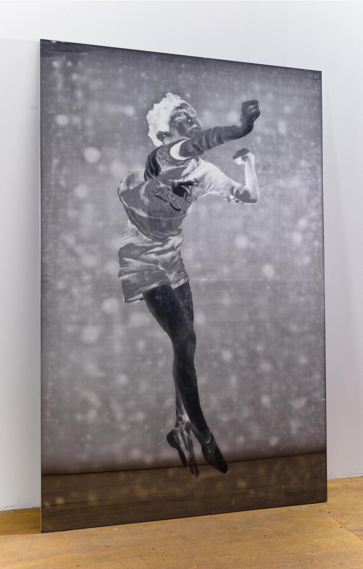 John Jurayj, *Untitled (Boy with Shorts)*, 2011. Gunpowder and ink screened on polished stainless steel