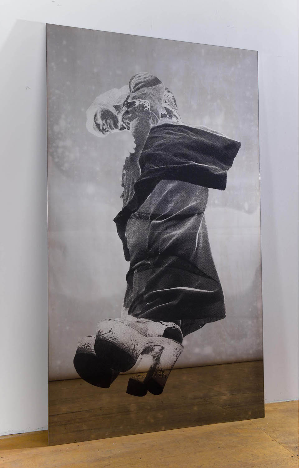 John Jurayj, *Untitled (Woman with Platform Shoes)*, 2010. Gunpowder and ink screened on polished stainless steel