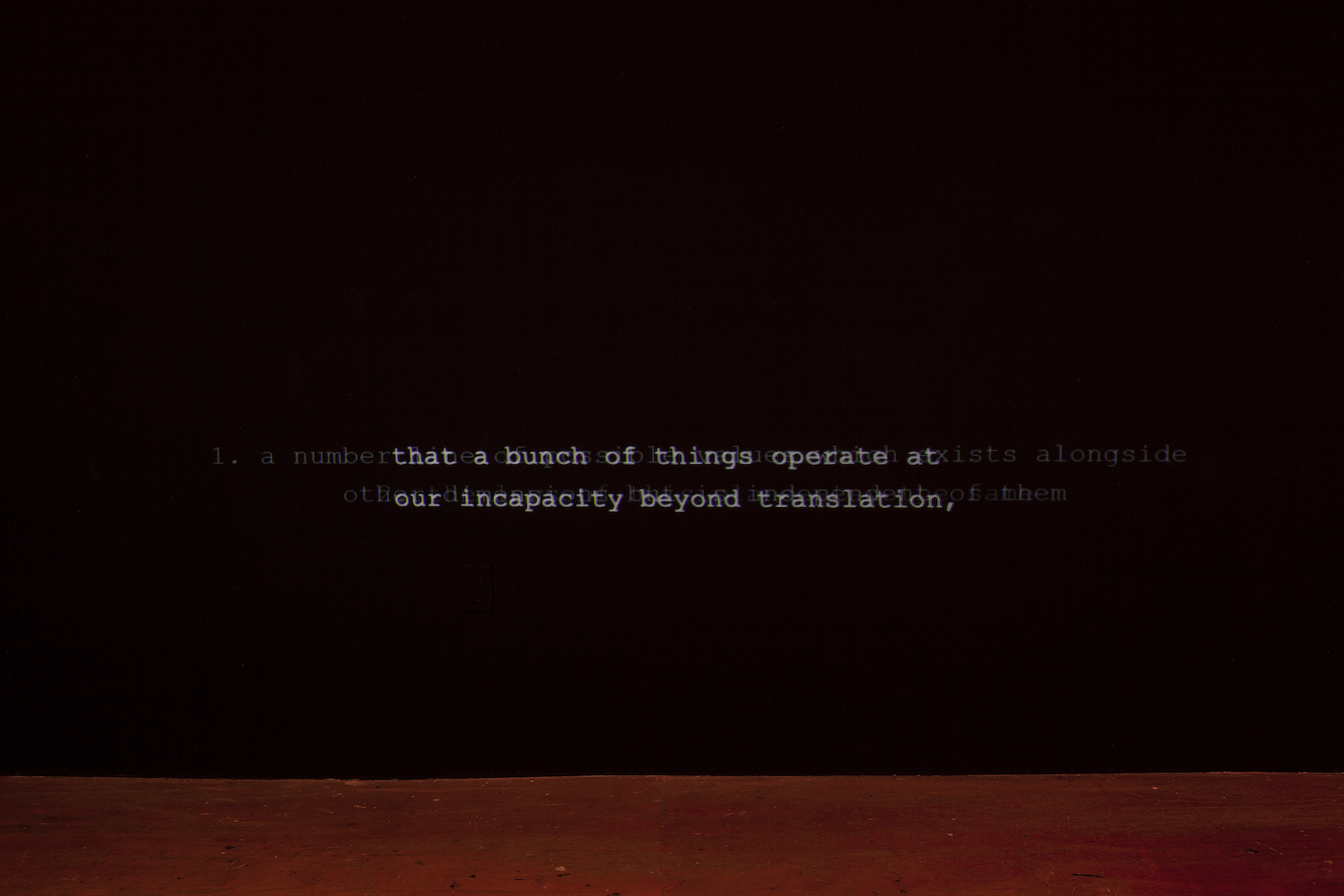 Constantina Zavitsanos, *All the time*, 2019. HD video: two channel open captions for speech at or above 20 Hz. Installation view at Participant Inc, New York. Photo: Mark Waldhauser