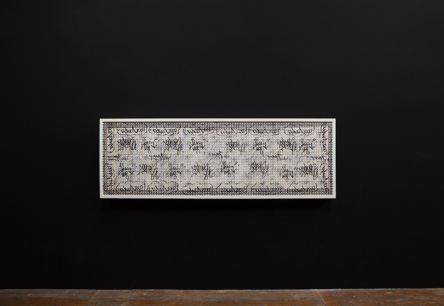 Glendalys Medina, *Disciple*, 2019. Marker, glassine, paper, pegboard, LED lights, 96 x 24 inches