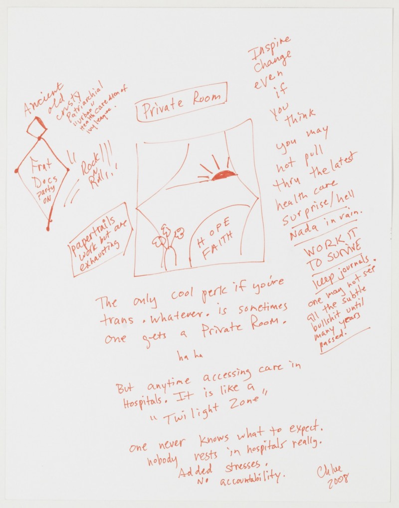 Chloe Dzubilo, *Private Room*, 2008, ink on paper, 11 x 14 inches, Courtesy of NYU Special Collections, Chloe Faith Dzubilo Papers (MSS.397), Visual AIDS, and Estate of Chloe Dzubilo, Photo: Christopher Burke Studios